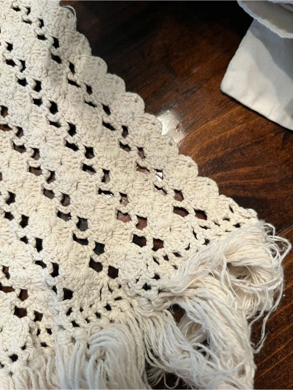 Handcrafted Cream Crochet Cotton Table Runner with Fringe Trim